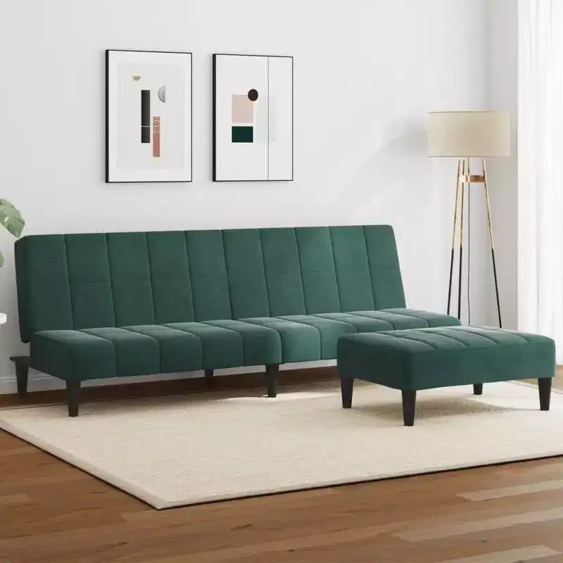 Sofa Bed Dark Green Velvet, Wood, Foam, Plastic 2-Seater Foldable
