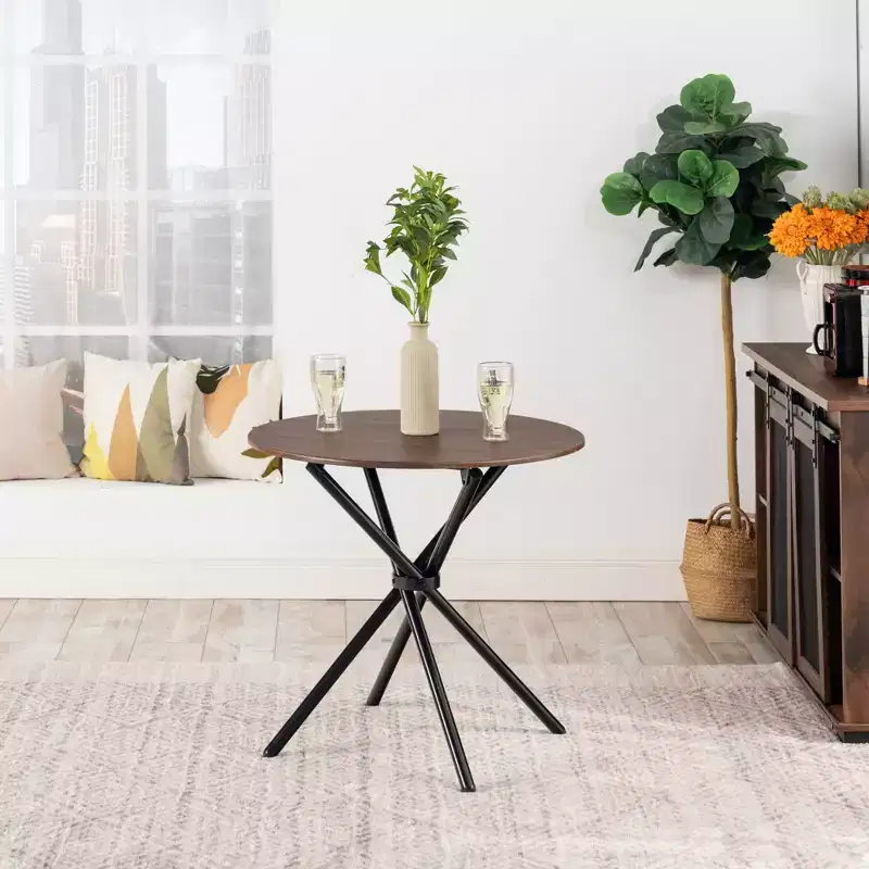 31.5-Inch Round Dining Table for 2 People, Wooden Kitchen Table with Pedestal Base and Metal Legs for Cafe, Restaurant, and Home Dining