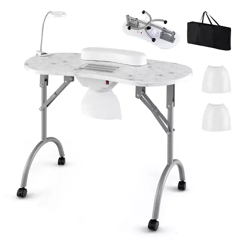 Folding & Portable Manicure Table with Dust Collector LED Lamp Carry Bag White