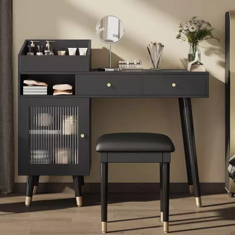 Modern Vanity Desk with Padding Stool, Dressing Table with Drawers, Cabinet & Charging Port, Makeup Table for Small Space, Black
