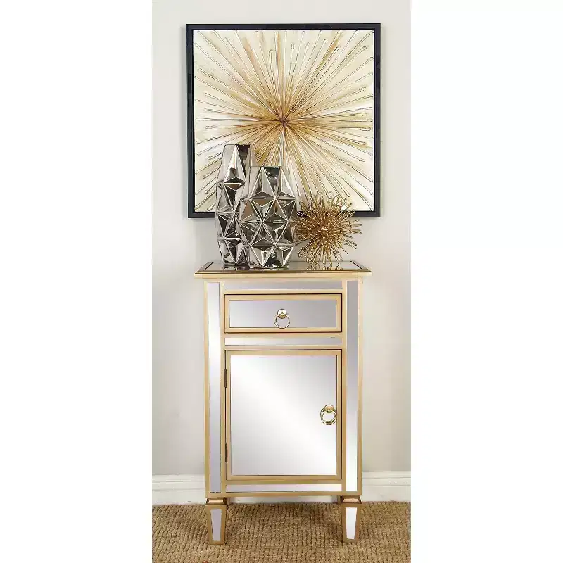 Olivia & May Small Glam Glass Mirrored Cabinet Beige: Luxury Style, No Assembly, MDF Frame