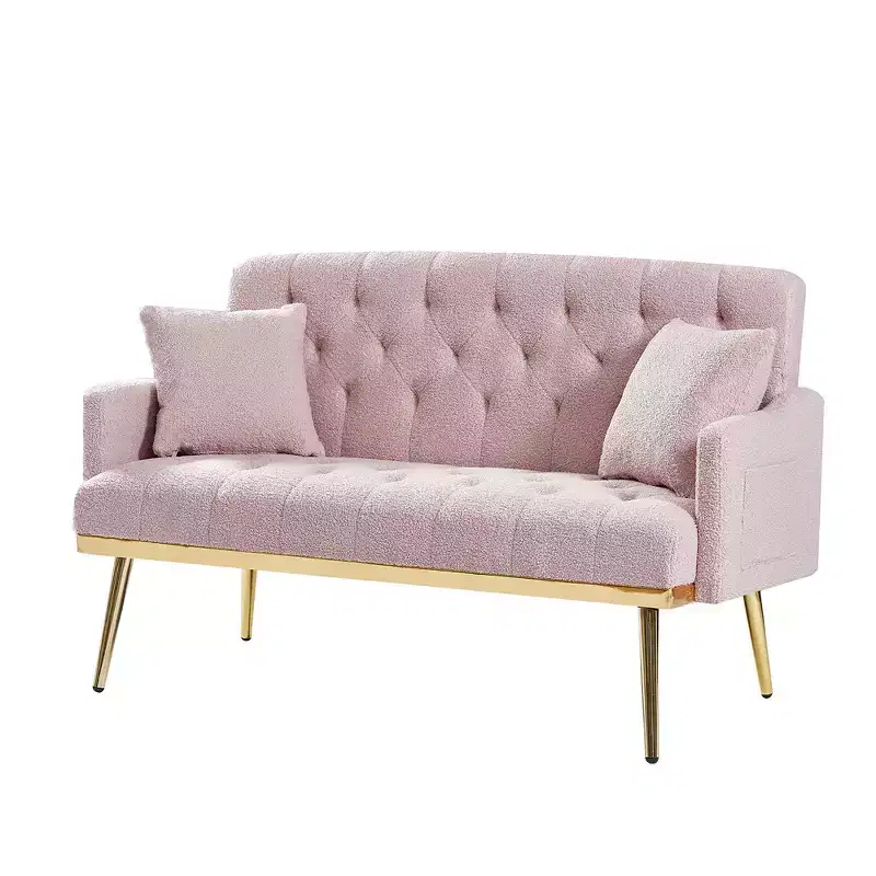 Upholstered Loveseat Couch With 2 Pillows Metal Legs Foam Couch Sleeper Sofa For Guest Room Office Living Room, Pink Teddy Fabric