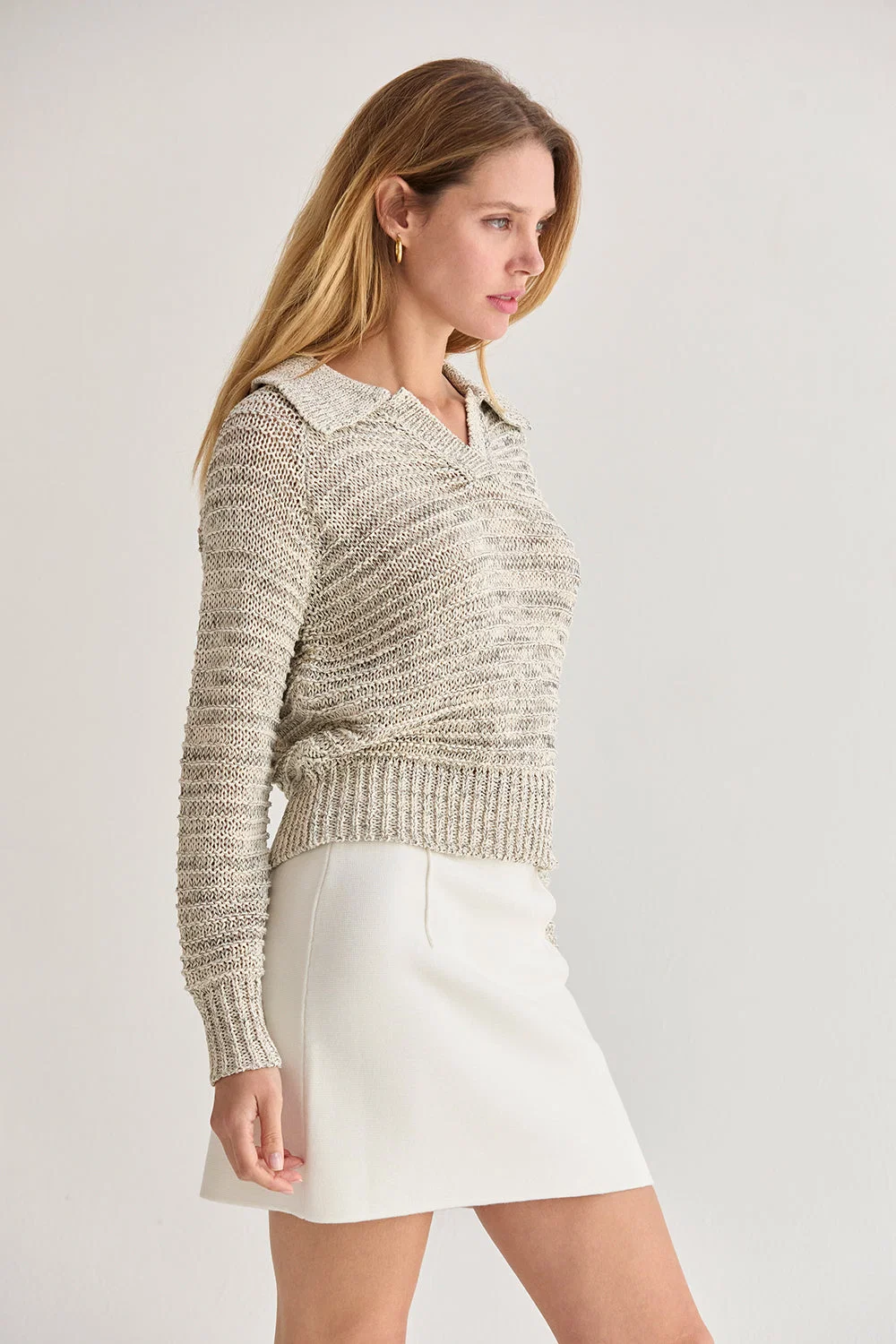 Marled Polo Collar V-Neck Knit Sweater Long Sleeve Relaxed Fit
