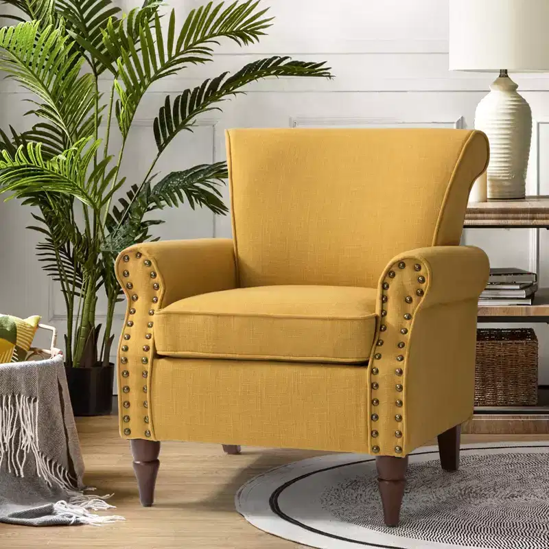 Upholstered Armchair with Solid Wood Legs, Mustard
