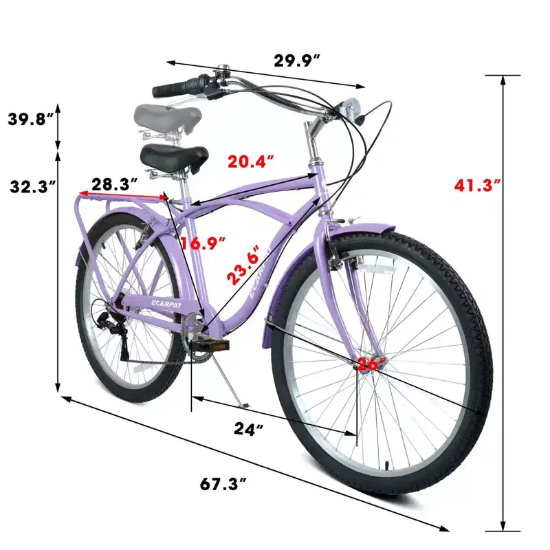 NAYSAYE 7-Speed Beach Cruiser Bike Steel Frame Alloy Wheels V-Brakes for Men Women Leisure, Purple,White, 67.8*42.51*28.74