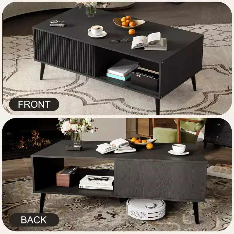Coffee Table,Wooden Coffee Table with Storage Cabinet, Two-Tier Design, Wave-Style Sliding Doors, Modern for Farmhouse, Living Room, Office,Lounge