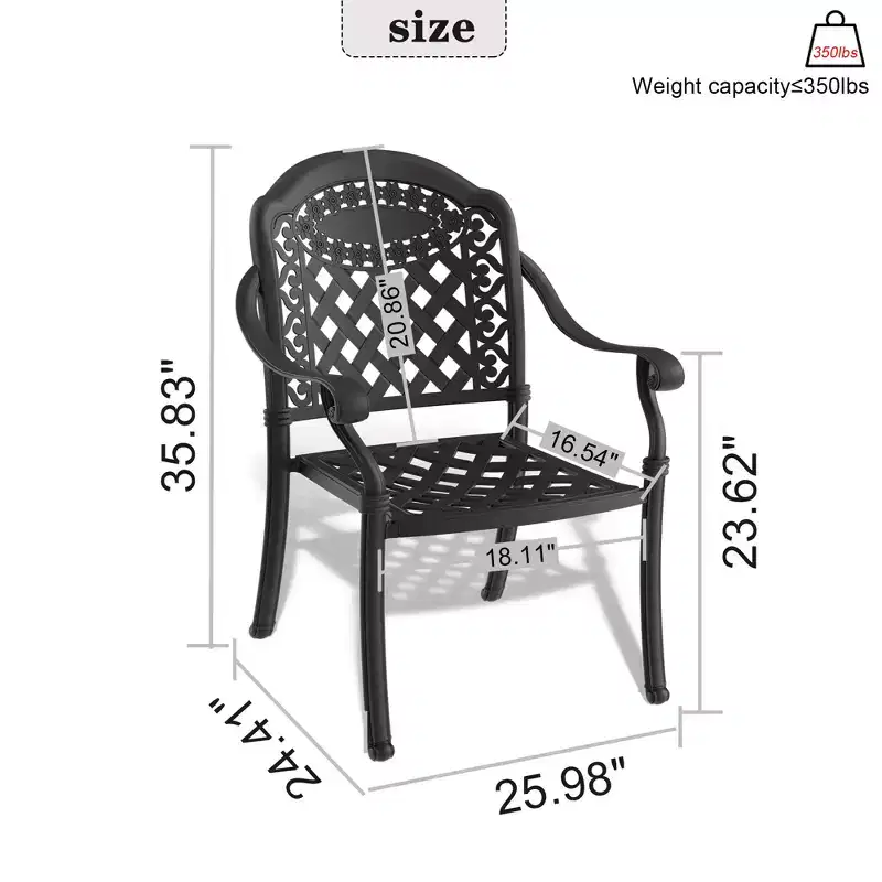 Set of 4 Cast Aluminum Patio Dining Chairs, Black Rust Resistant Frame with Water Resistant Cushions