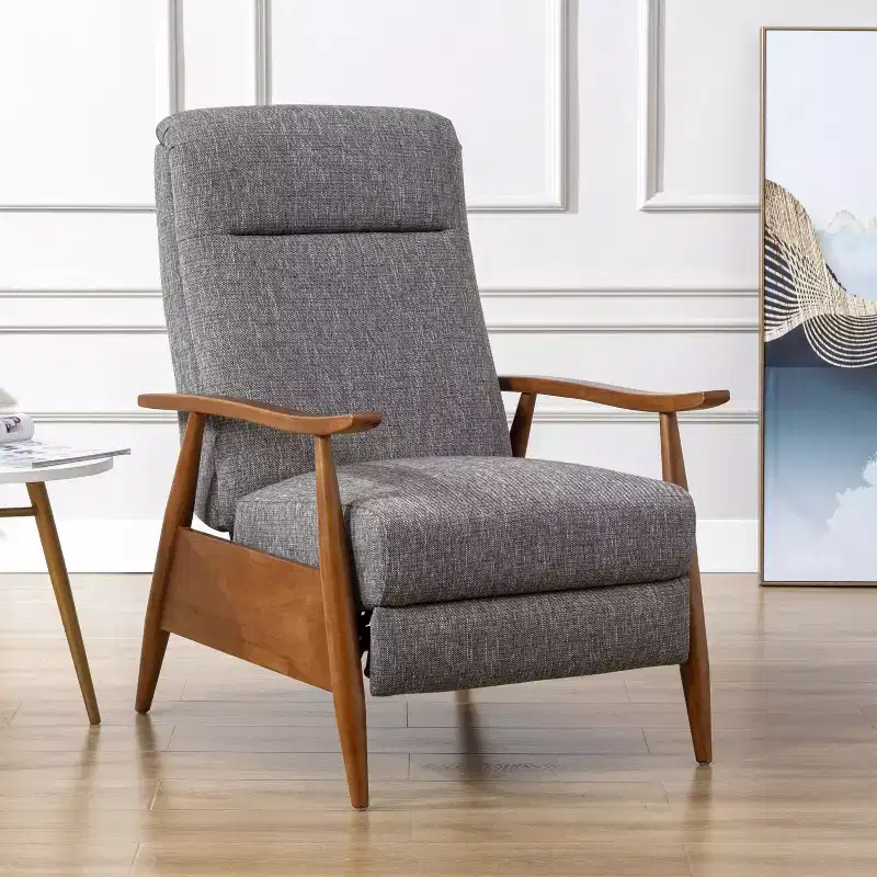 Comfort Pointe Terni Press-Back Recliner Ashen Gray: Stain-Resistant, Chestnut Wood Legs, Foam Fill