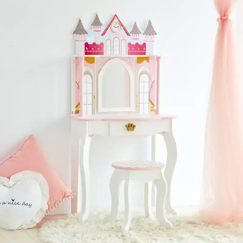 Castle Wooden Vanity with Stool & Mirror, Pink/White