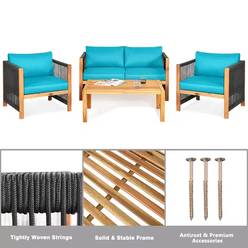 Costway 4PCS Wooden Patio Furniture Set Cushioned Sofa W/Rope Armrest White\Turquoise\Red
