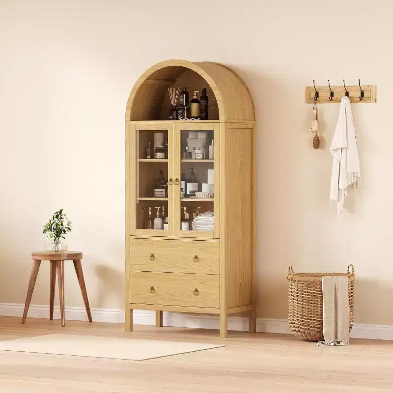 71 Arched Pantry Cabinet, Farmhouse Display with Glass Doors & 2 Drawers, Adjustable Shelves for Kitchen, Dining Room, Bathroom