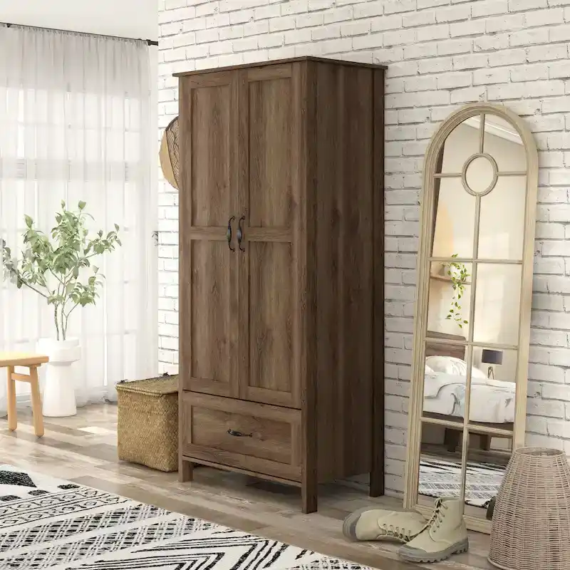 Rustic Distressed Walnut Wardrobe Closet, Double Doors + 1 Drawer, Clothes Rack, Minimalist
