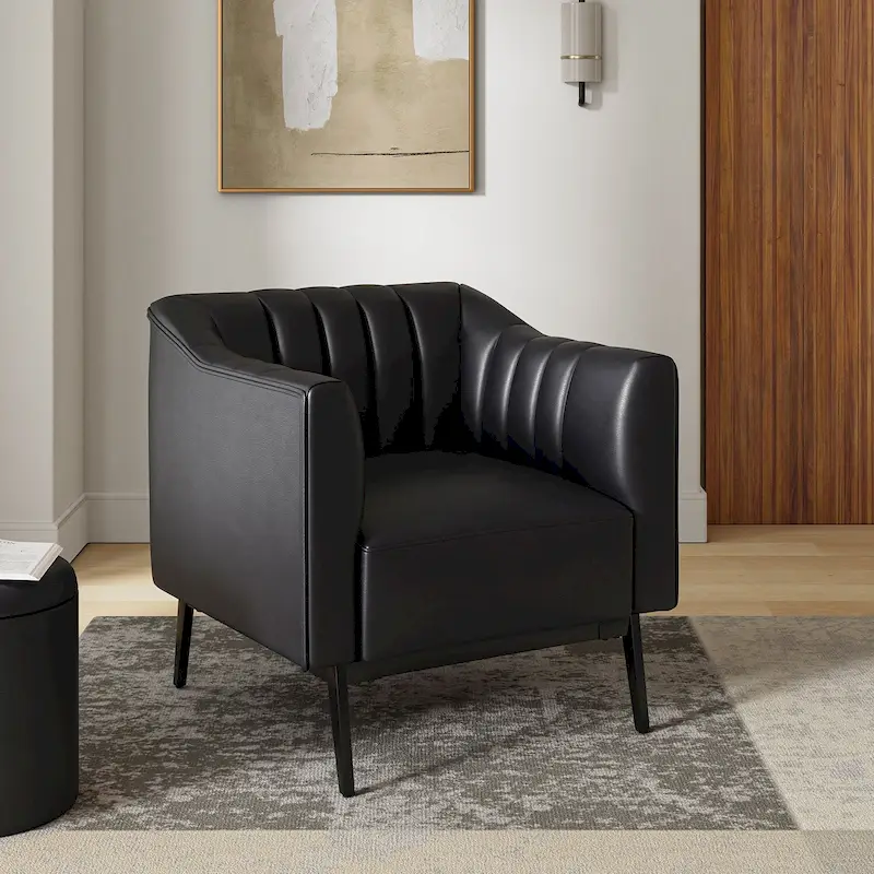 Alfons Industrial Leather Chair with Channel Tufting and Metal Leg by HULALA HOME