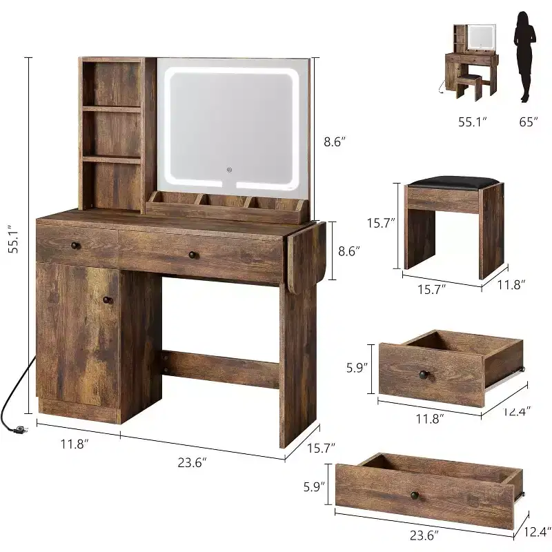 Vanity Desk with LED Lighted Mirror & Power Outlet, Makeup Vanity with Drawers & Cabinet & Chair, Vanity Table Set for Bedroom