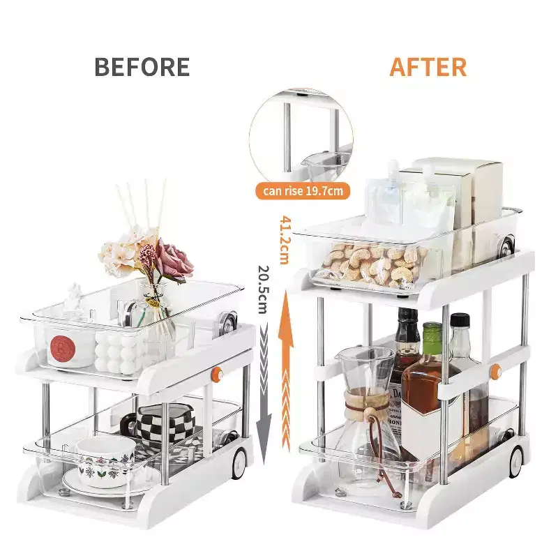 2-Tier Under Sink Organizer, Adjustable Height Pull Out Storage Shelves, Light Luxury White with Pulleys & Separators