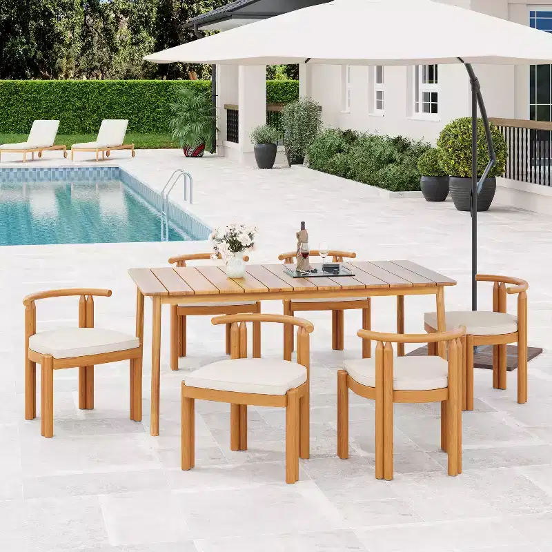 Christopher Knight Home Varkael Rustic 7 Piece Patio Acacia Wood Dining Set with Cushions