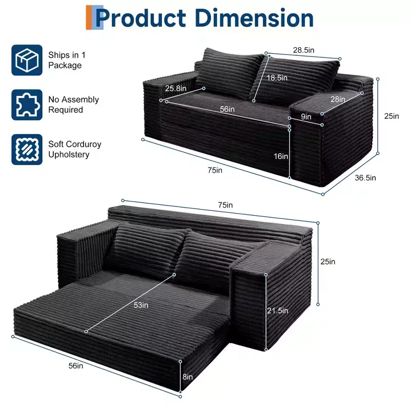 Convertible Sofa Bed, Boneless Couch Bed with 2 Pillow, Folding Pull Out Couch, Loveseat Sleeper Sofa, Futon Couch for Living Room Bedroom