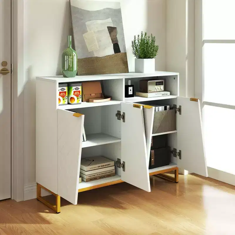 40-Inch Buffet Storage Cabinet, 4 Doors & Adjustable Shelves, Anti-Tipping, Metal Legs, White