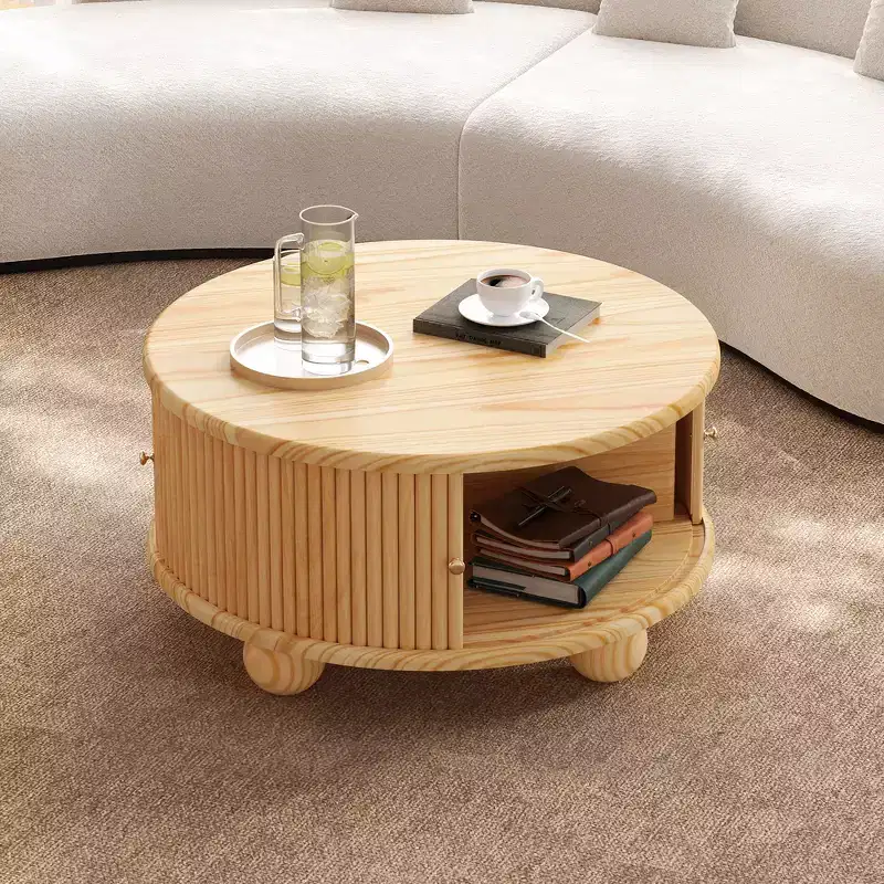 Whisen 31.8 Round Wood Coffee Table with Hidden Sliding Door Storage & Fluted Base for Living Room
