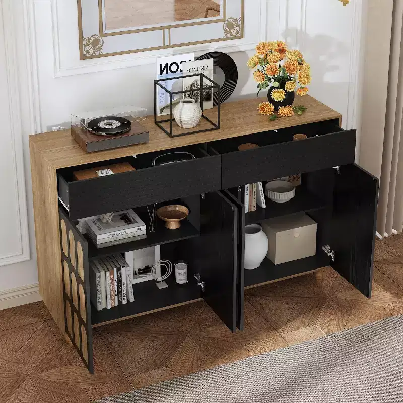 Famapy Arches Pattern Decorative Dresser Living Room Storage Cabinet Solid Wood Legs Original Wood Color