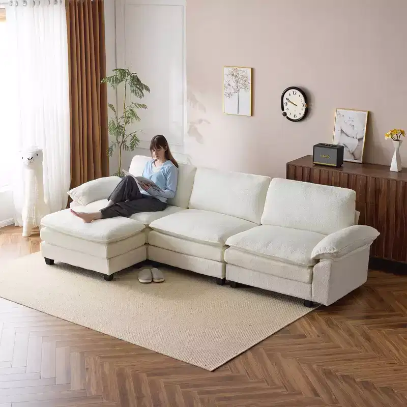 EROMMY 120.8'' Sectional Sofa Couch, Convertible L-Shaped Couch, Upholstered Sofas & Couches with Movable Ottoman for Living Room and Office, Beige