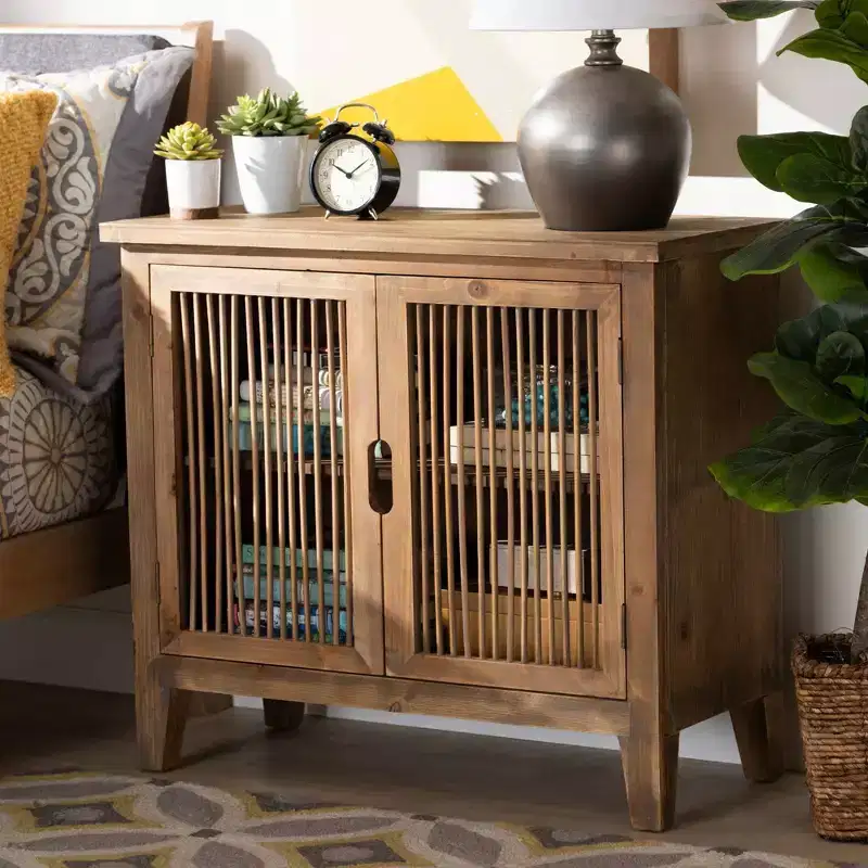 Clement 2 Door Wood Spindle Accent Storage Cabinet Brown: Bohemian Style, Fixed Shelves, No Assembly Required