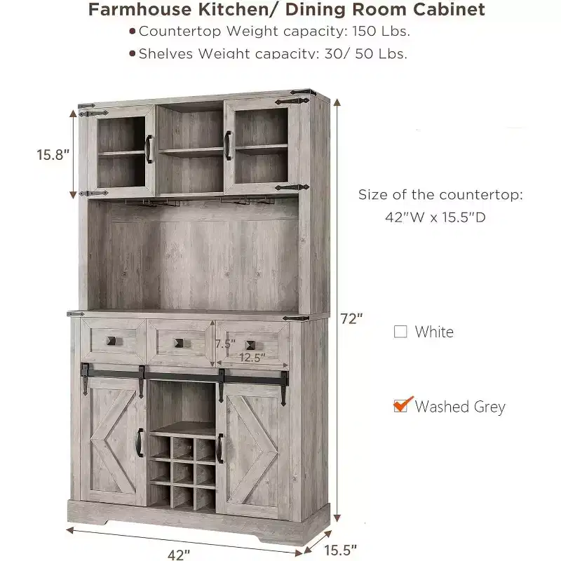 TruAIR 72 Farmhouse Bar Cabinet with Sliding Barn Door,Tall Kitchen Buffet with Storage Hutch and 3 Drawer,Rustic Coffee Wine Bar Sideboard with Wine
