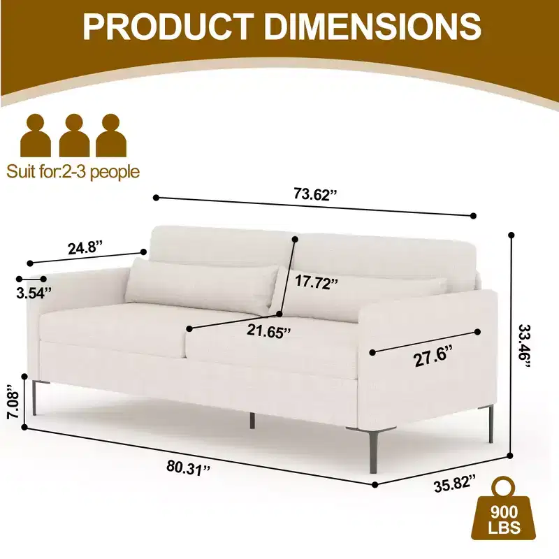 80 Inch Sofa Couch with Extra Deep Seats, 3 Seater Sofa for Living Room