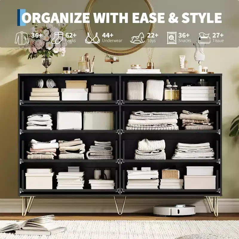 8-Drawer Fluted Wooden Dresser with Metal Handles