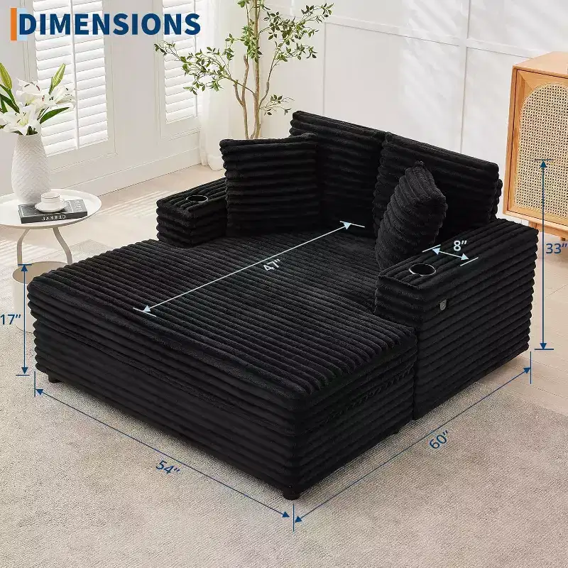 Oversized Chaise Lounge Chair, 60 Upholstered Sofa Bed with Throw Pillows and Armrests, Corduroy Sleeper Couch for Living Room, Bedroom