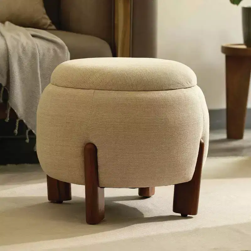 Round Upholstered Ottoman with Mango Wood Legs, Footrest and Extra Seating for Bedroom and Living Room