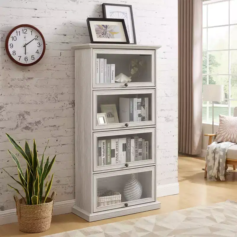 63 4-Tier Glass Display Cabinet, White MDF+Tempered Glass Curio Cabinet (Flip-up Doors for Collectibles/Toys/Books)