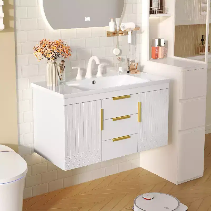 36-Inch Wall-Mounted Bathroom Vanity with 2-Drawer Floating Bathroom Storage Unit, Solid Wood Bathroom Cabinet,White