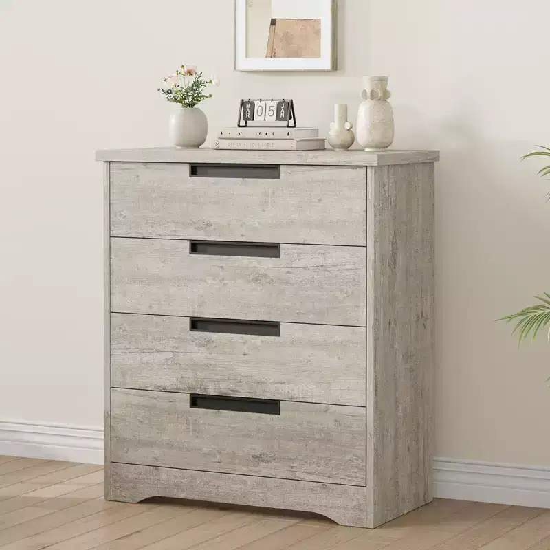 4 Drawer Dresser for Bedroom, Natural Chest of Drawers with Embedded Handles Design, Wooden Dresser Organizer for Living Room, Hallway and Entryway