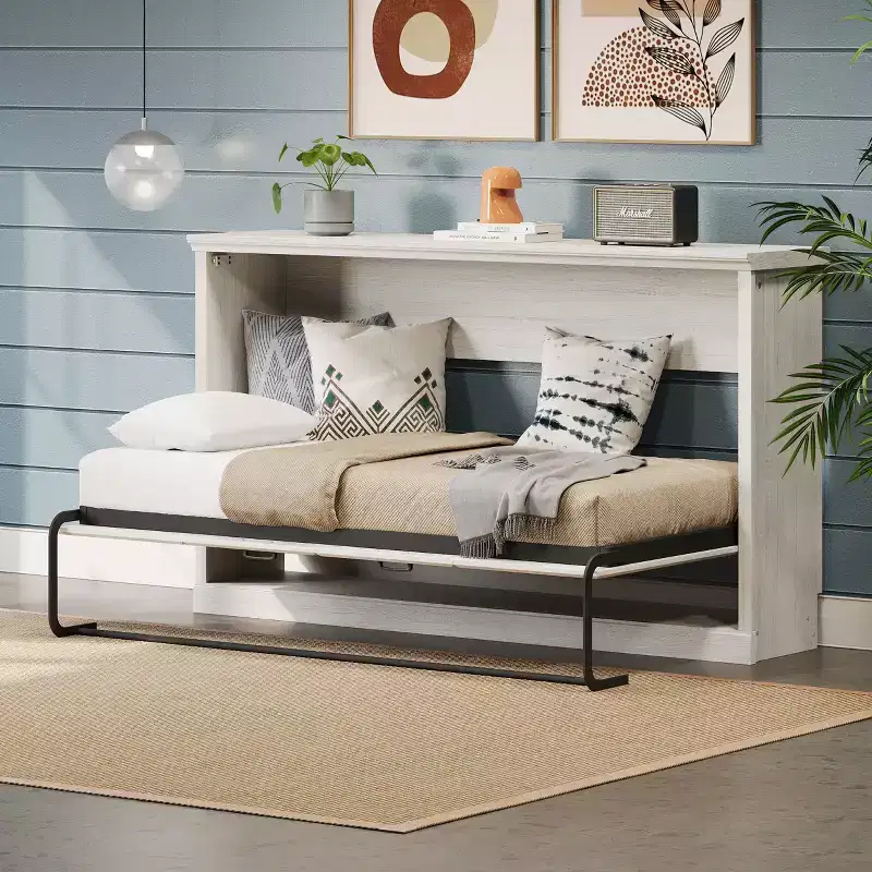 Twin Size Murphy Wall Bed with Side Cabinet & Bookshelf, Folds into Cabinet, Rustic White