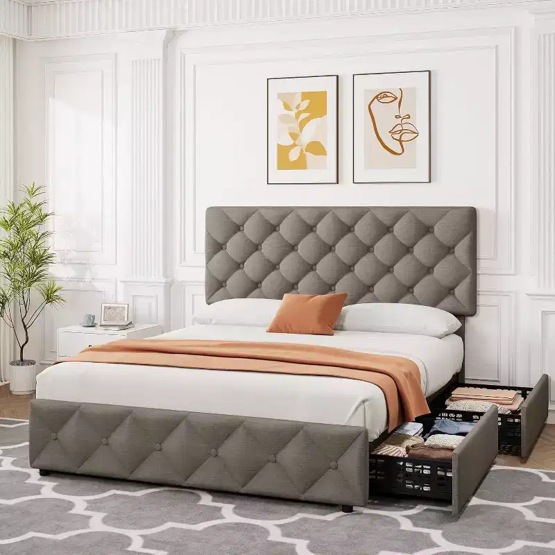 Queen Platform Bed Frame with 4 Storage Drawers, Adjustable Padded Headboard, Diamond Button Tufted Upholstery, No Box Spring Required, Gray