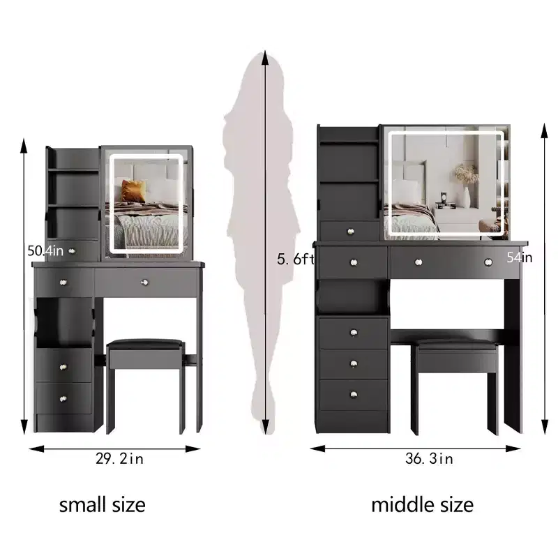 29.2-Inch Natural Makeup Vanity Desk with LED Mirror, Organized Storage, Hair Dryer Stand and Matching Stool for Small Spaces