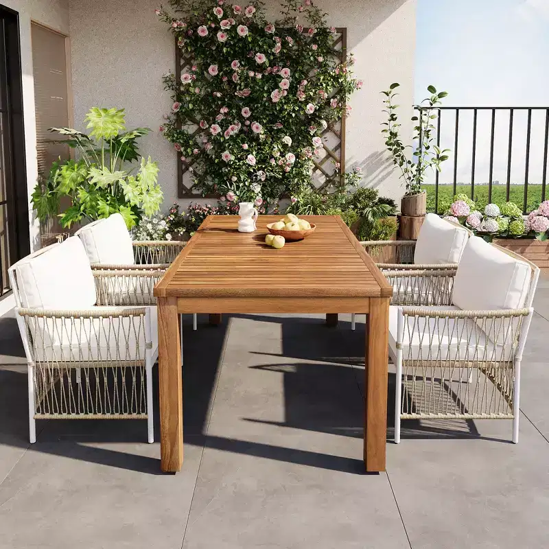 GDFStudio Nicolas Patio 5 Piece Wood and Metal Dining Set with 4 Hand-Woven Rattan Arm Chairs