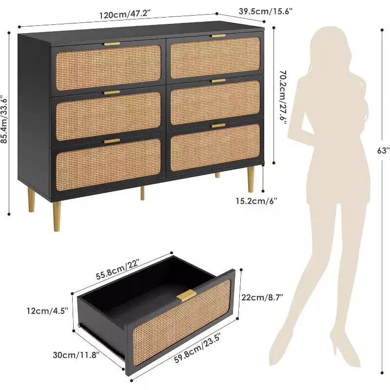 6-Drawer Rattan Dresser, Large Wooden Chest with Deep Drawers for Bedroom, Living Room, Closet, Hallway