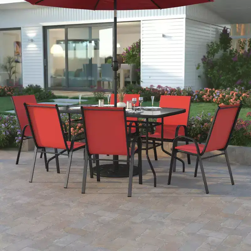 Emma and Oliver Seven Piece Patio Table Set with Metal Table with Tempered Glass Top and 6 Flex Comfort Stacking Chairs