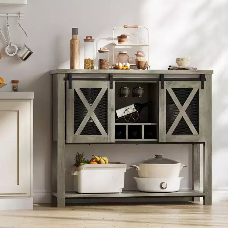Wine Bar Cabinet with Sliding Barn Door, Coffee Cabinet with Wine Rack and Glass Holder, Kitchen Buffet Sideboard with Storage, Liquor Bar for Living