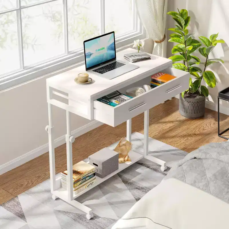 Lantine Portable Desk with Drawers, Mobile Laptop Desk with Wheels, Sofa Side Table Bed Desks, Small Standing Desk for Home Office (White)