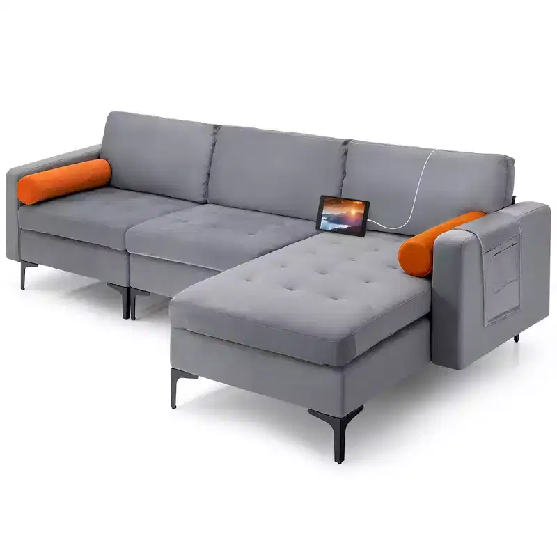 Costway Modular L-shaped Sectional Sofa with Reversible Chaise & 2 USB Ports Ash Grey
