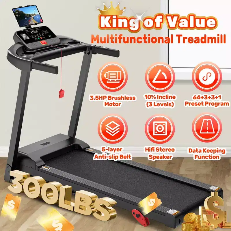 3.5HP Treadmill for Home, 300 lbs Capacity Foldable Treadmill w/ 64+7 Workouts, APP w/ Free Courses,Dual HiFi Speakers,Treadmill for Walking Running