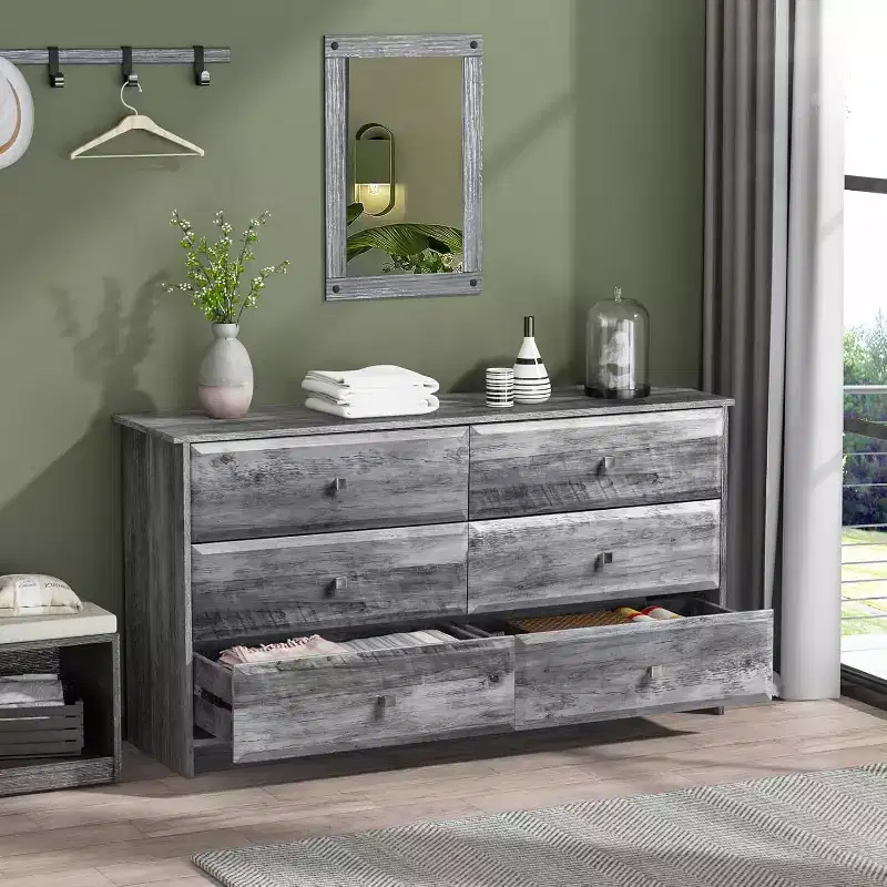 VINGLI Washed Gray Dresser, 6 Drawer Dresser, 53.9 Long Dresser with Textured Drawer Front, Wood Grey Dresser Chest