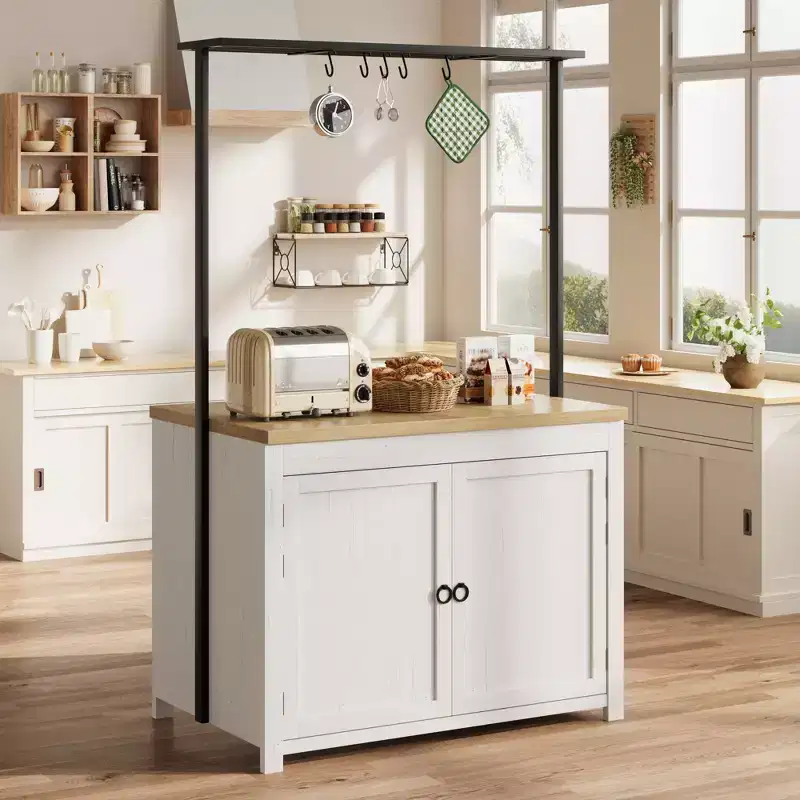 42 Kitchen Island with Storage, Multi-Functional Island Table with 2-Tier Shelves, Kitchen Counter with 5 Hooks, White & Natural