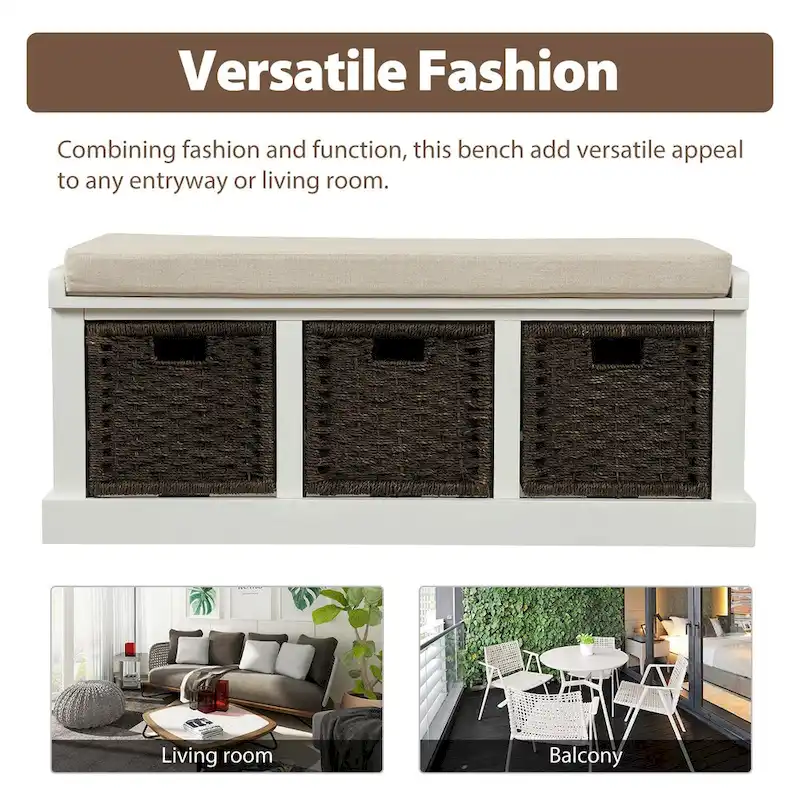 Entryway Bench with 3 Removable Rattan Baskets