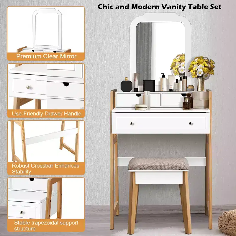 Costway Makeup Vanity Table Dressing table Cushioned Stool Set