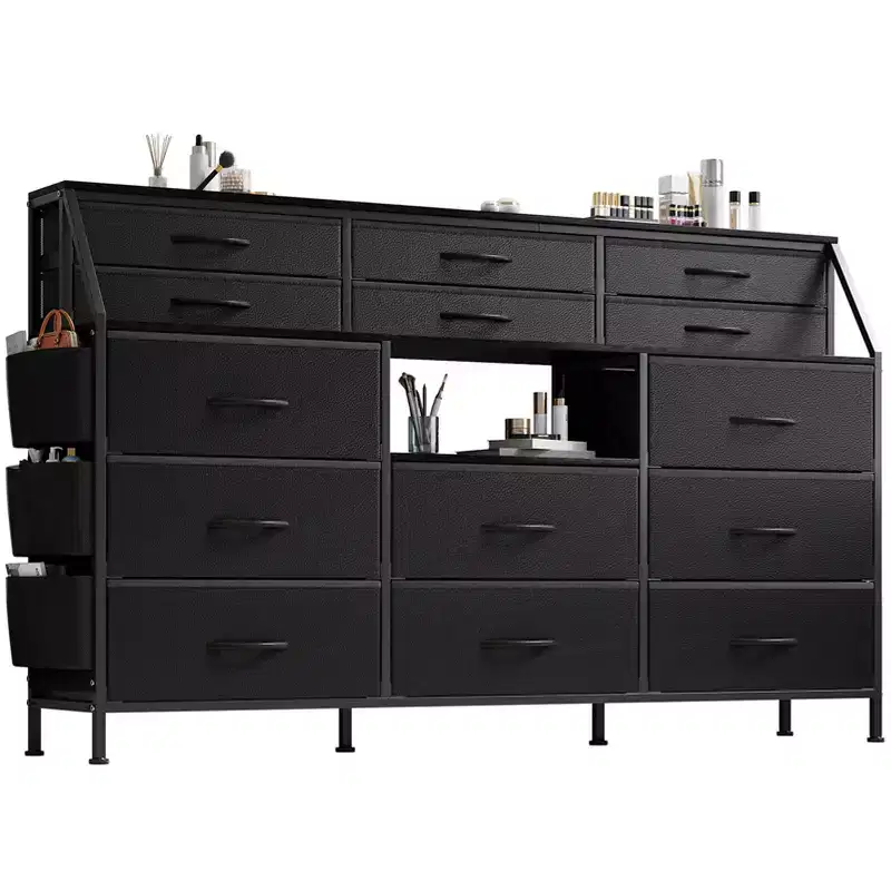 Dresser for Bedroom with 14 Drawers, 55 W Dresser with Side Pocket, Fabric Dressers & Chests of Drawers with Shelves, Sturdy Frame, Wood Top