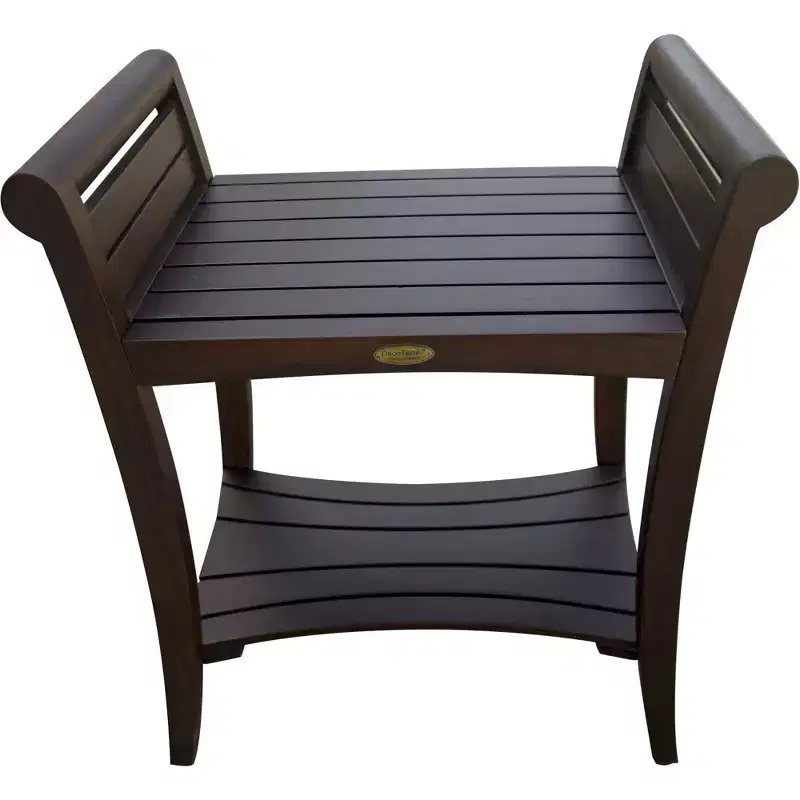 Rectangular Teak Shower Bench with Shelf and Handles – Brown Finish